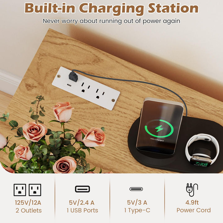 Giantex End Table with Charging Station - Night Stand on Wheels