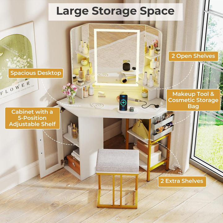 CHARMAID Corner Vanity Desk with Lighted Tri-Fold Mirror | Space Saving Dressing Table with Stool