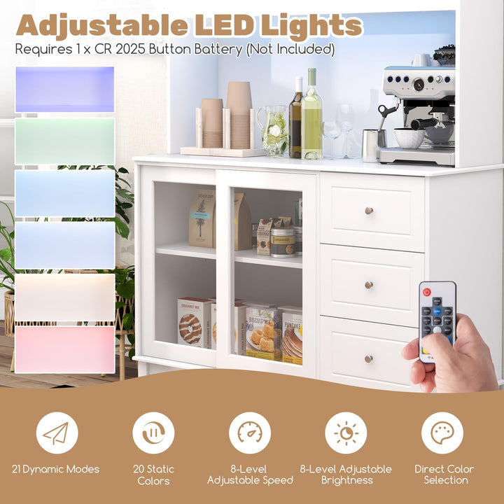Giantex 73" Kitchen Pantry Storage Cabinet, Hutch Cabinet with LED Lights &amp; Power Outlet, Kitchen Buffet Cabinet w/Wine Glass Racks