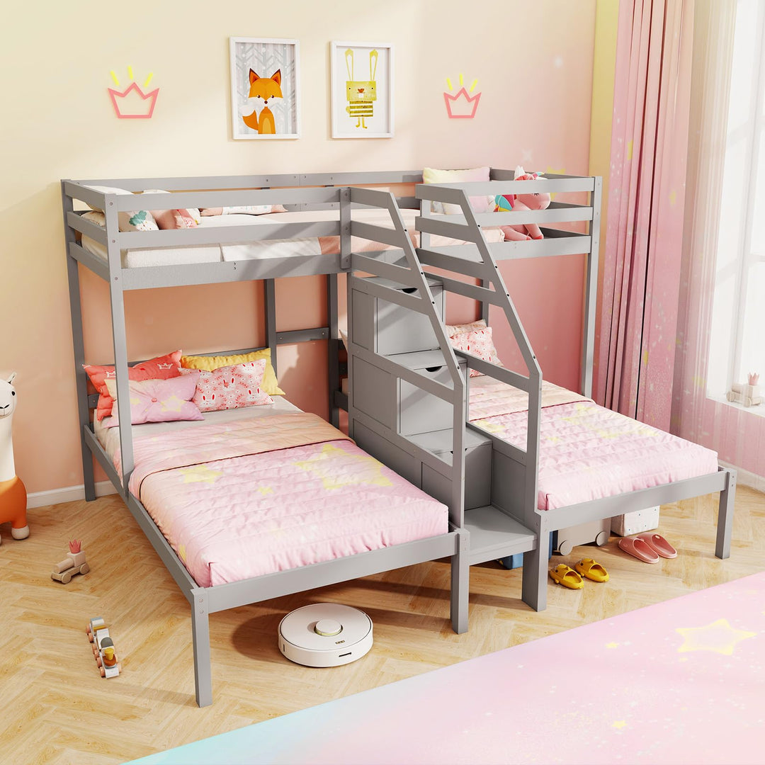 Giantex Twin Over Twin &amp; Twin Bunk Bed Triple Bunk Beds with 4-Step Storage Stair