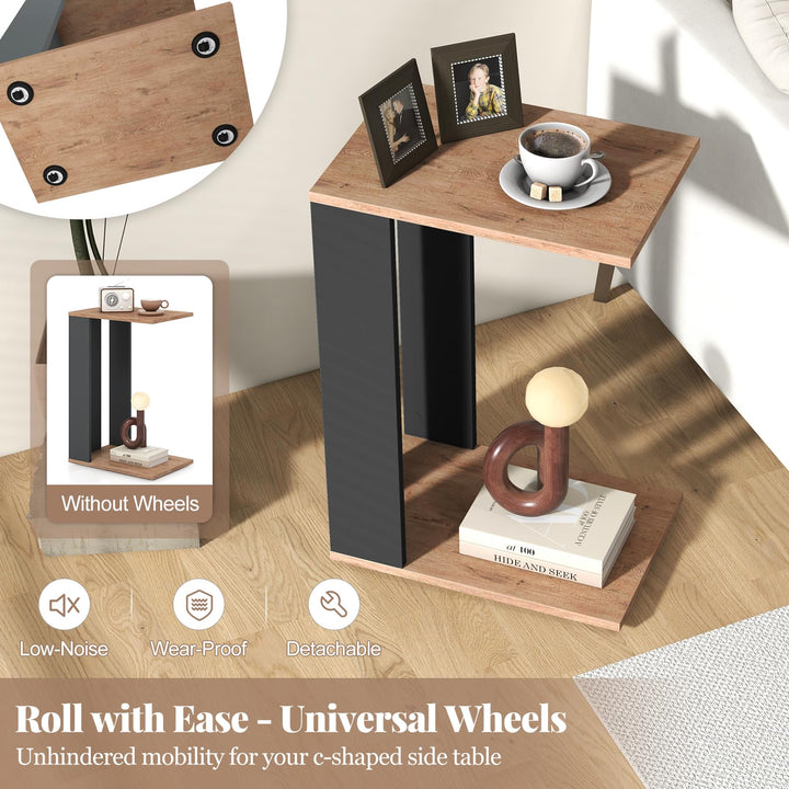 Giantex C Shaped End Table, 2-Tier Sofa Side Table with Universal Wheels &amp; Storage Shelf
