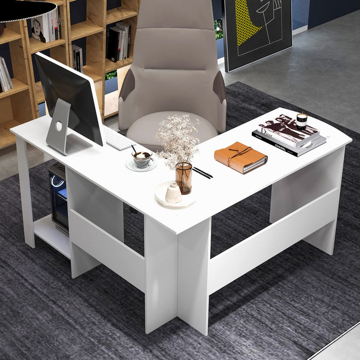 Giantex L Shaped Computer Desk, 51" Large Corner Desk with 2 Cable Holes &amp; 2 Storage Shelves, White