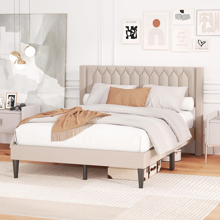 Giantex Queen Size Dutch Velvet/Linen Fabric Upholstered Platform Bed with Wingback Headboard and Wooden Slat Support