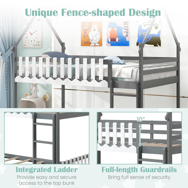 Giantex Bunk Bed Twin Over Twin, Wood House Low Bunk Bed with Ladder &amp; Fence Safety Guardrail