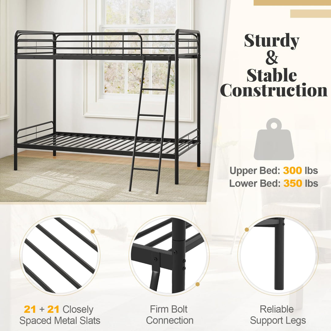 Giantex Metal Bunk Bed Twin Over Twin, Heavy Duty Twin Bunk Beds with Inclined Ladder &amp; Safety Guardrails