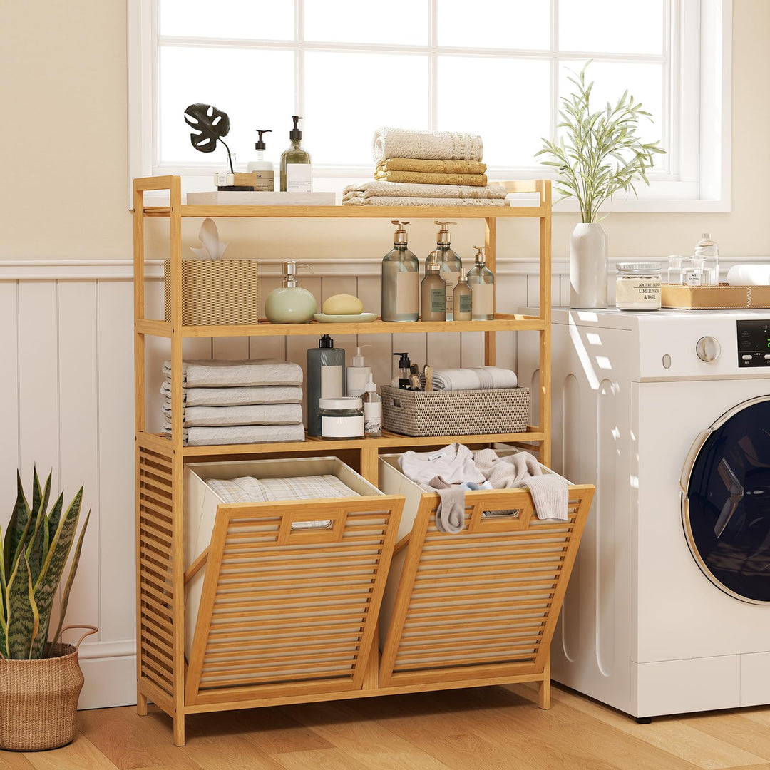 Giantex Double Tilt Out 14 Gal Bamboo Laundry Hamper with 3-Tier Storage Shelf