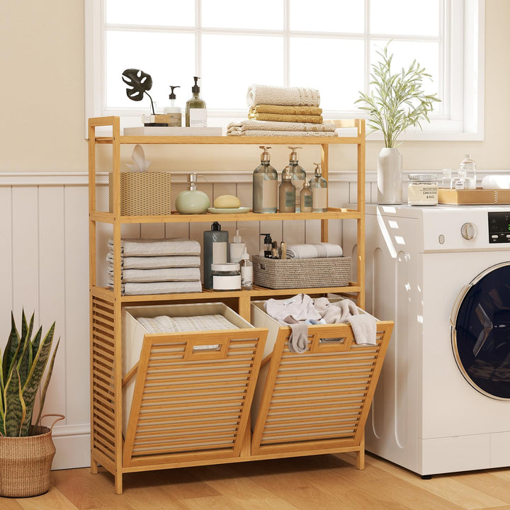 Giantex Double Tilt Out 14 Gal Bamboo Laundry Hamper with 3-Tier Storage Shelf