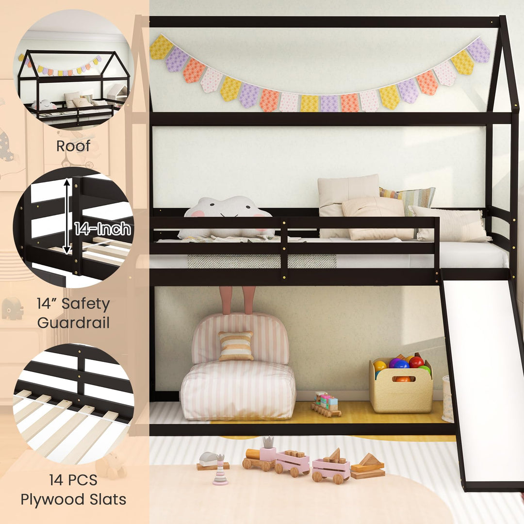 Giantex House Bunk Bed Twin Over Twin with Slide and Storage Stairs, Solid Wood Low Loft Bed Frame with Roof &amp; Guardrail