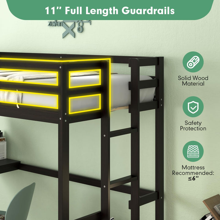 Giantex Twin Size Loft Bed with Desk, Solid Wood Loft Bed with 2 Ladders &amp; Full Length Guardrail