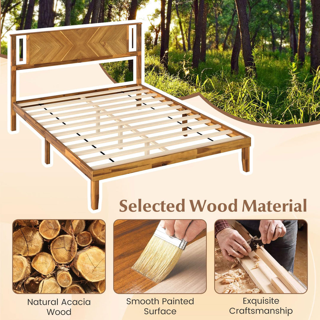 Giantex Queen/Full/Twin Size Acacia Wood Platform Bed Frame Mid-Century Modern Bed Frame with Headboard