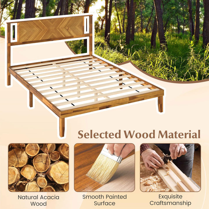 Giantex Queen/Full/Twin Size Acacia Wood Platform Bed Frame Mid-Century Modern Bed Frame with Headboard