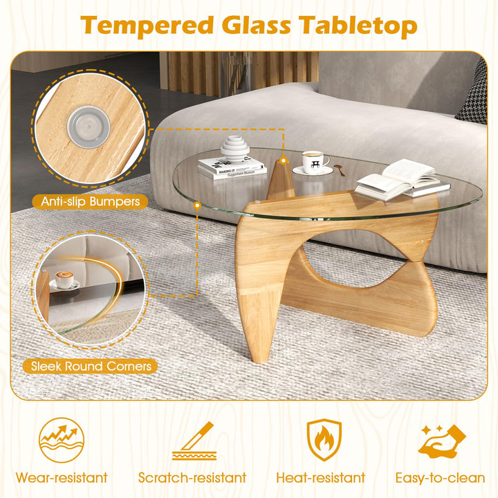 Giantex Triangle Glass Coffee Table, Solid Wood Tea Table with Tempered Glass Top &amp; Adjustable Base
