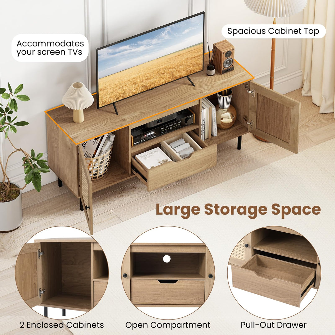 Giantex Boho TV Stand for 50-60 Inch TV with Storage Cabinets Drawer &amp; PE Rattan Doors