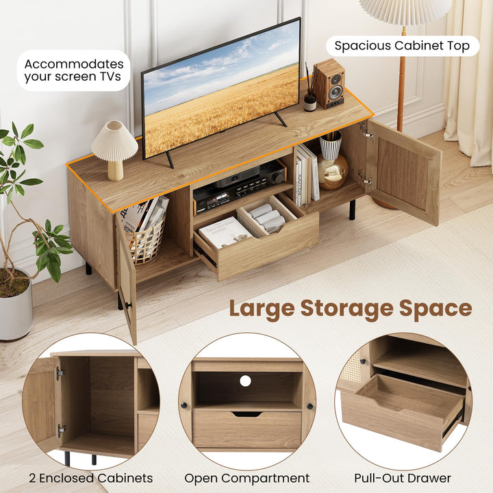 Giantex Boho TV Stand for 50-60 Inch TV with Storage Cabinets Drawer &amp; PE Rattan Doors