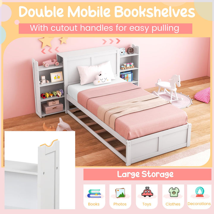 Giantex Full Bed Frame with Twin Trundle, Wooden Bed Wooden Bed Frame with 2 Rolling Bookcases &amp; High Headboard