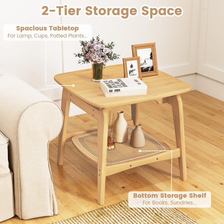 Giantex Rattan Side Table, Boho End Table with Storage Shelf, 2-Tier Bedside Table for Small Spaces