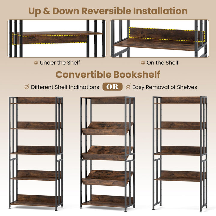 Giantex 5-Tier Bookshelf, 62" Tall Bookcase w/Tiltable Shelves, Metal Frame, Convertible Display Storage Rack