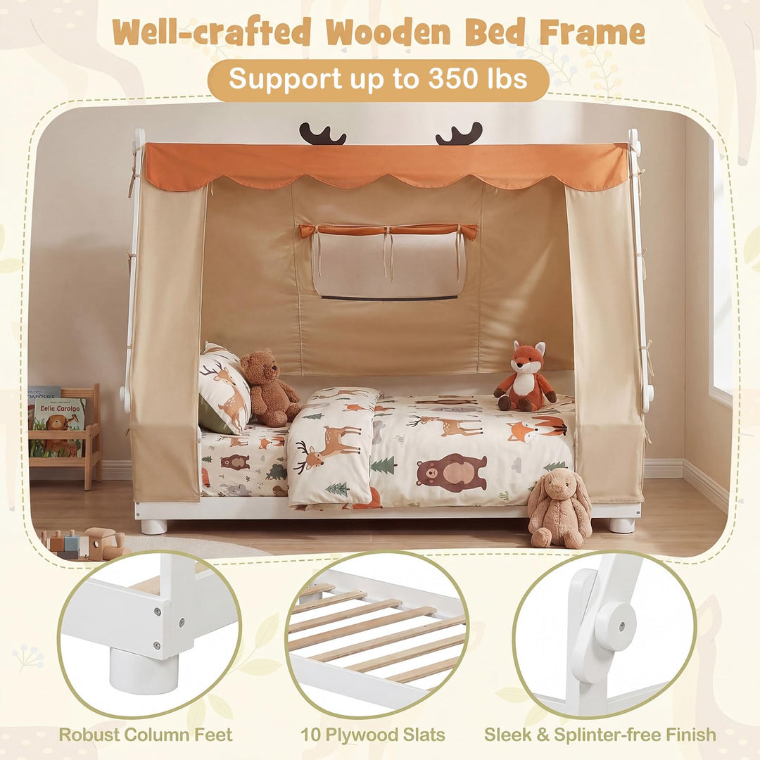 Giantex Twin Size House Floor Wood Bed with Tent