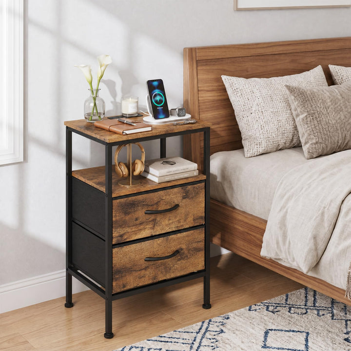GIANTEX 24.5" Nightstand with Charging Station &amp; 2 Fabric Drawer (1/2)