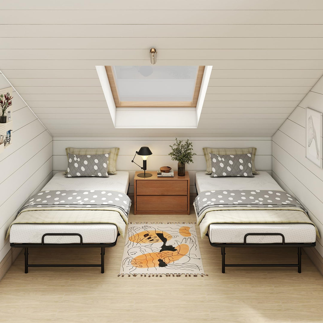 Giantex Twin Folding Bed Frame with 5 Inch Mattress, Portable Rollaway Guest Bed, 75" x 38"