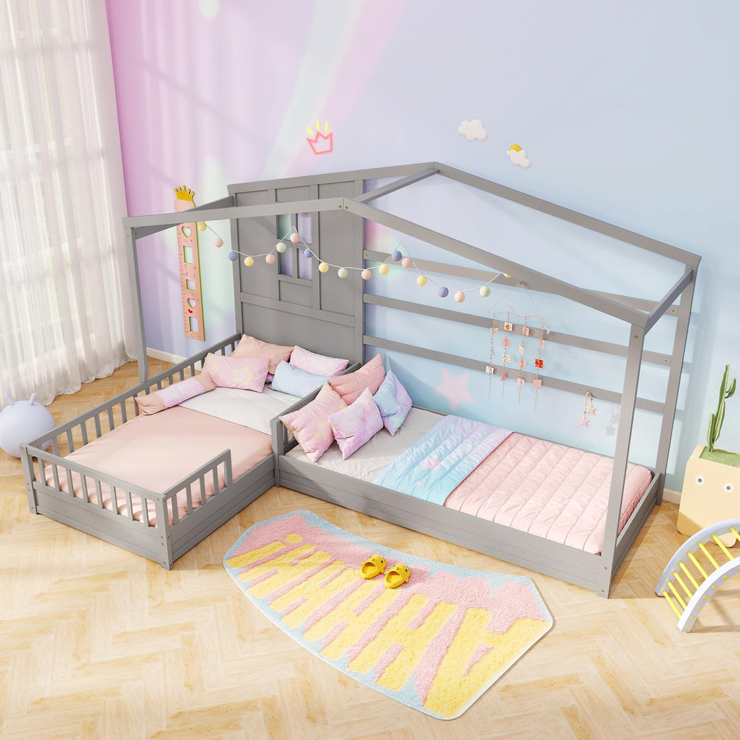 Giantex Double Twin Beds for Kids, House L-Shaped Platform Beds with Window &amp; Fences