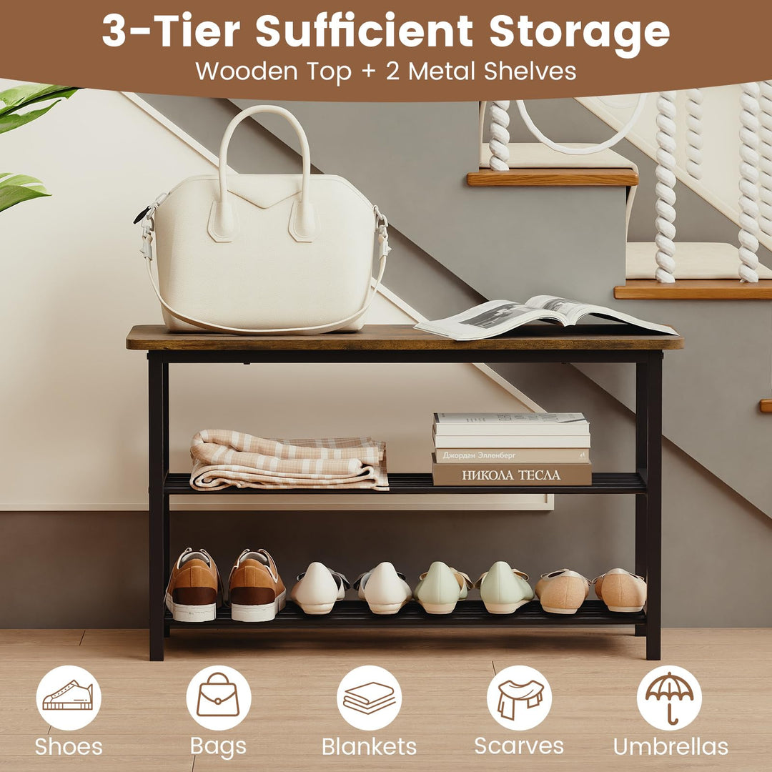 Giantex 3-Tier Shoe Bench 32" L Shoe Organizer Storage Bench with Metal Slat Shelves &amp; Seat