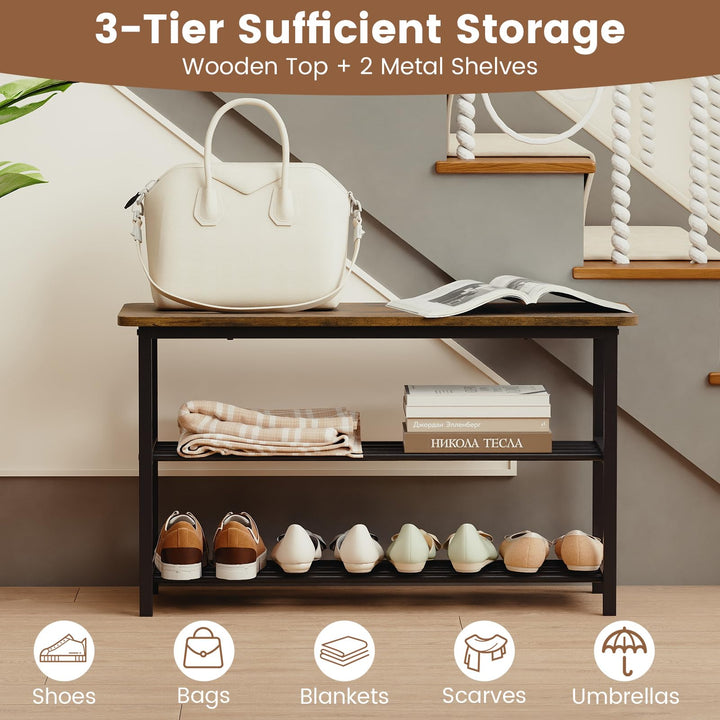 Giantex 3-Tier Shoe Bench 32" L Shoe Organizer Storage Bench with Metal Slat Shelves &amp; Seat