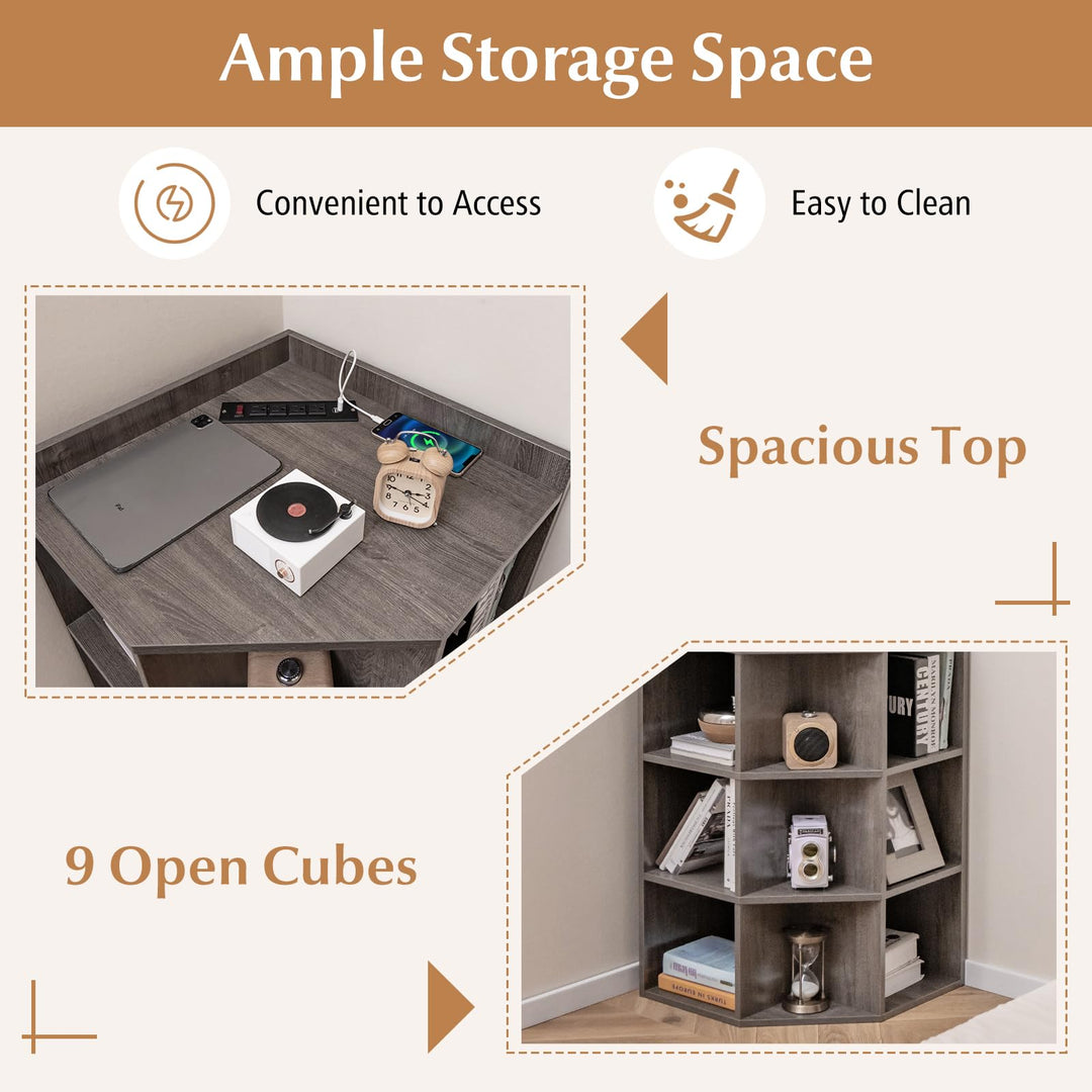 Giantex 3-Tier Corner Cabinet with Charging Station, Corner Shelf with 9 Cubbies, 2 USB Ports &amp; 4 Outlets