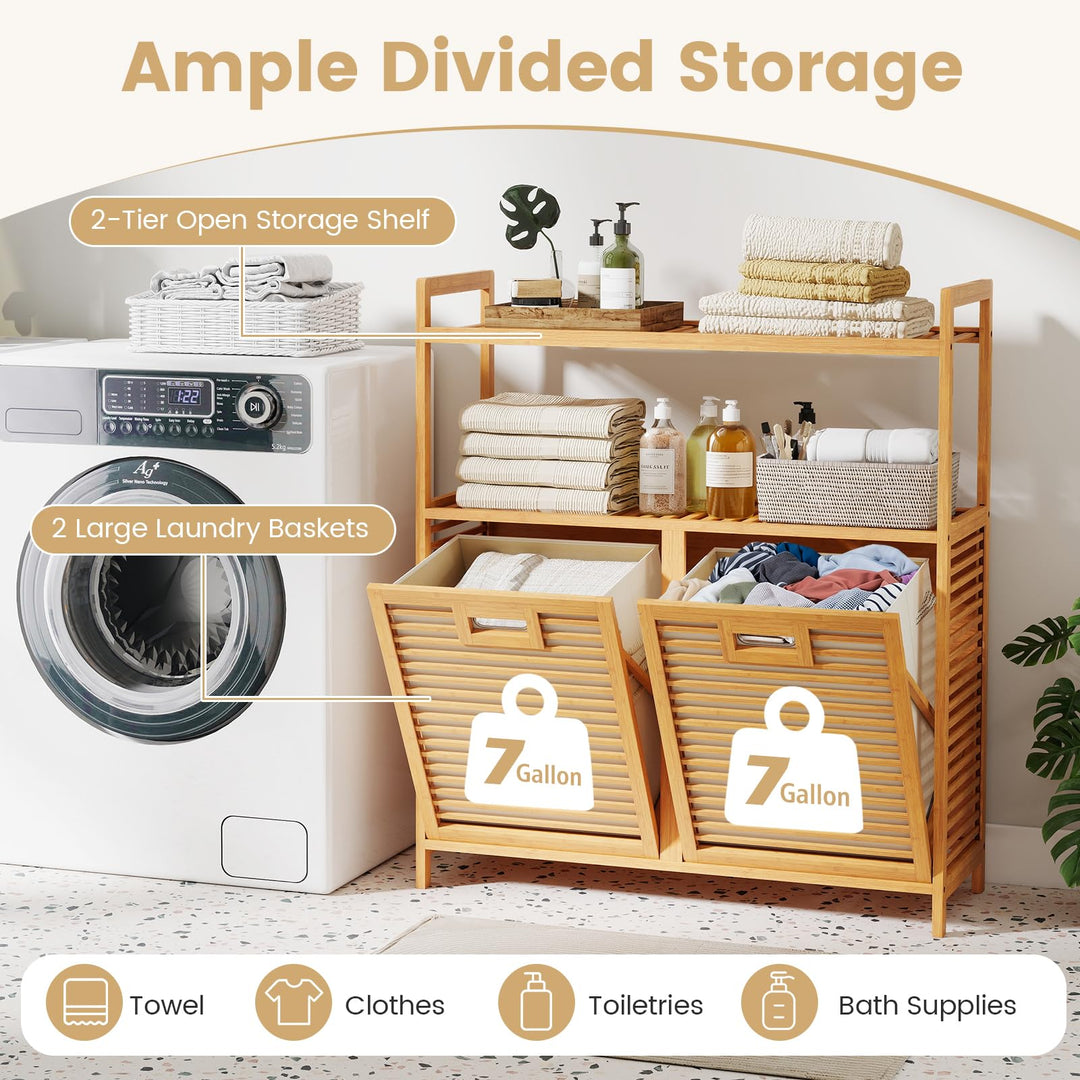 Giantex Double Tilt Out Laundry Hamper w/2-Tier Storage Shelf