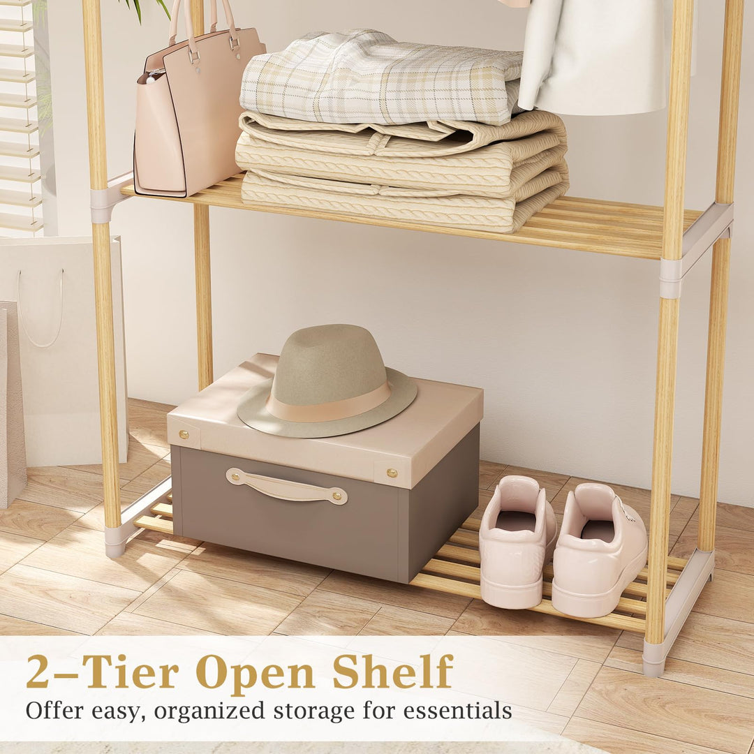 Giantex Pine Wood Clothes Rack with 2-Tier Open Storage Shelf for Hanging Clothes
