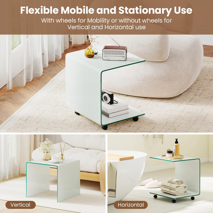 Giantex C-Shaped End Table with Wheels - Mobile Tempered Glass Sofa Couch Side Table w/2-Tier Storage Shelf