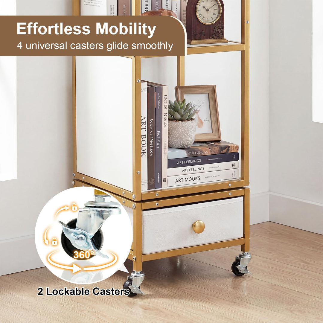 Giantex 4-Tier Rotating Bookshelf | 360° Spinning Corner Book Shelf Tower W/Removable Fabric Storage Drawer