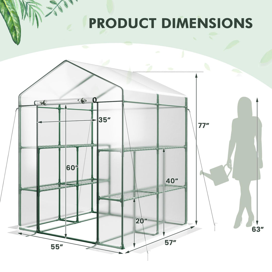 Giantex Walk-in Greenhouse w/ 3 Tiers 4 Shelves, 4 Ground Stakes &amp; Ropes, PVC Cover