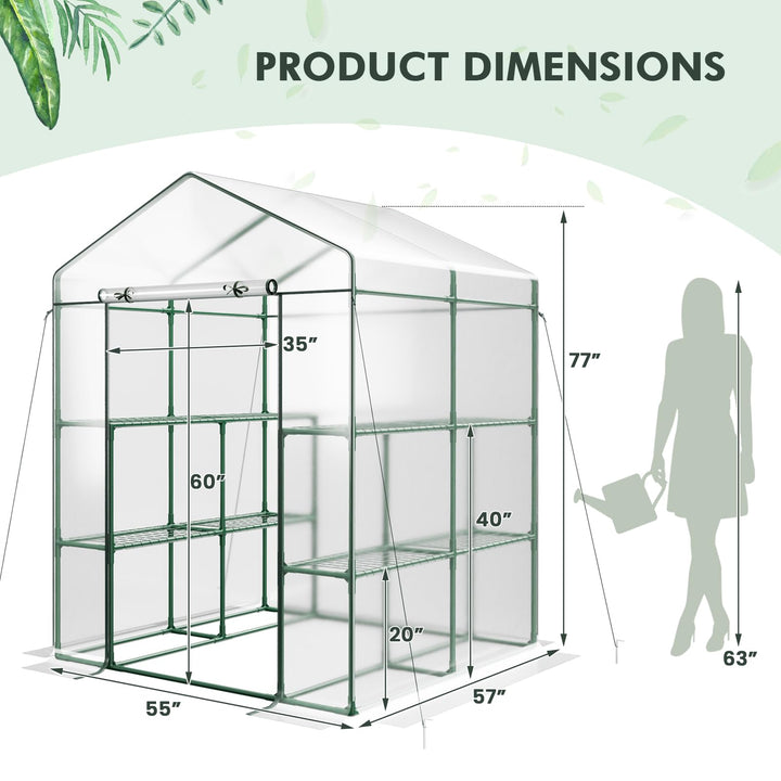 Giantex Walk-in Greenhouse w/ 3 Tiers 4 Shelves, 4 Ground Stakes &amp; Ropes, PVC Cover