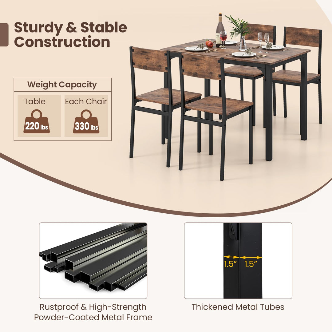 5 Piece Dining Table Set Industrial Style Kitchen Table and Chairs for 4-Rustic Brown