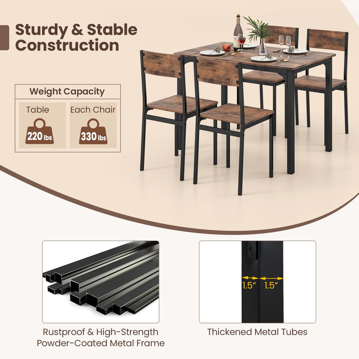 5 Piece Dining Table Set Industrial Style Kitchen Table and Chairs for 4-Rustic Brown