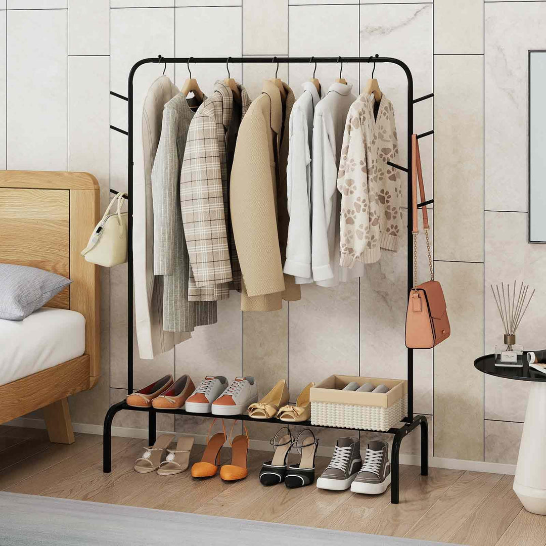 Giantex 50" Wide Freestanding Garment Rack with Hanging Rod 8 Hooks &amp; Storage Shelf