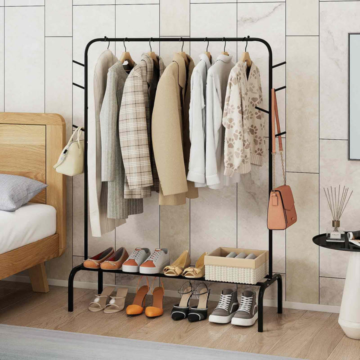 Giantex 50" Wide Freestanding Garment Rack with Hanging Rod 8 Hooks &amp; Storage Shelf