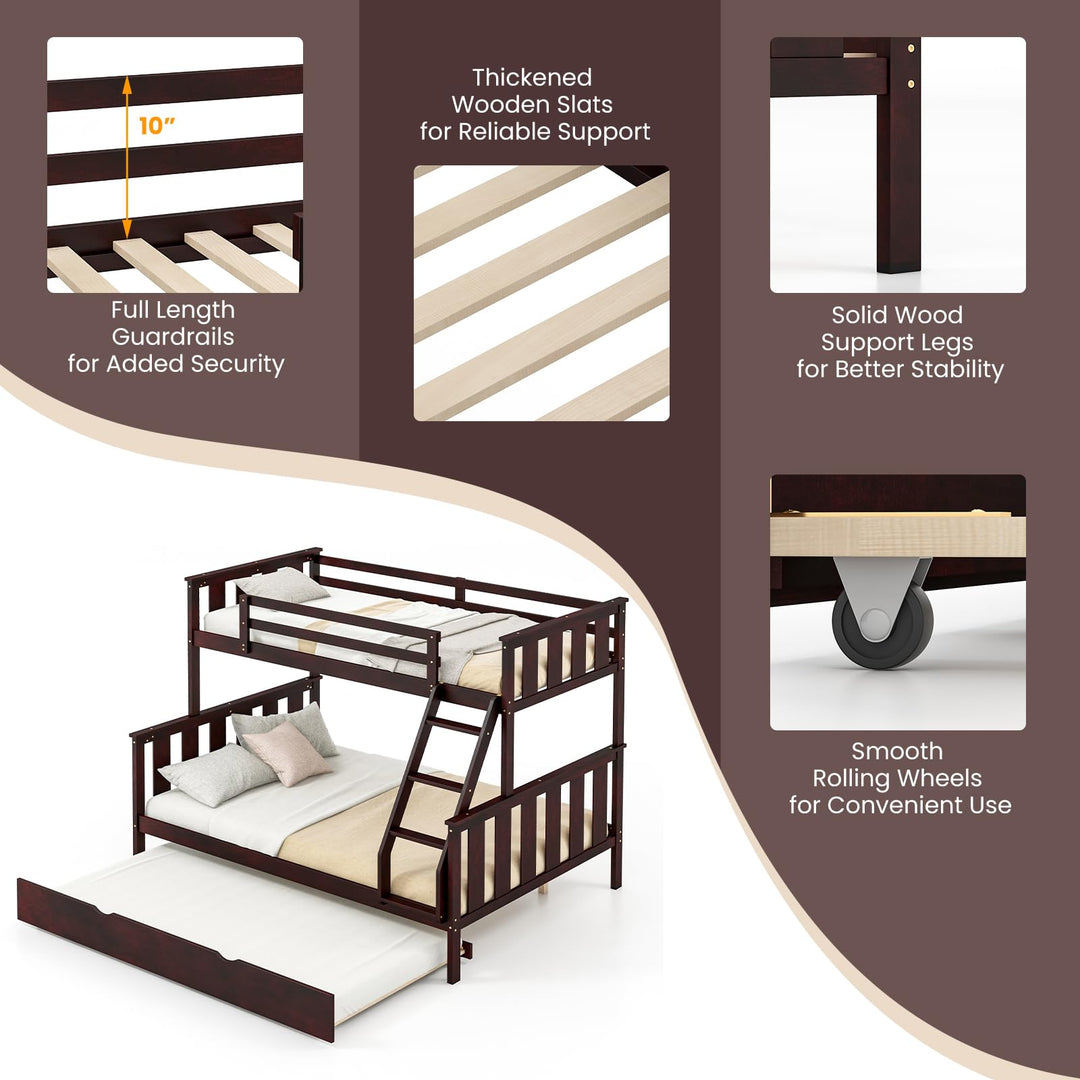 Giantex Twin Over Full Bunk Bed with Trundle, Reversible Ladder &amp; Safety Guardrails