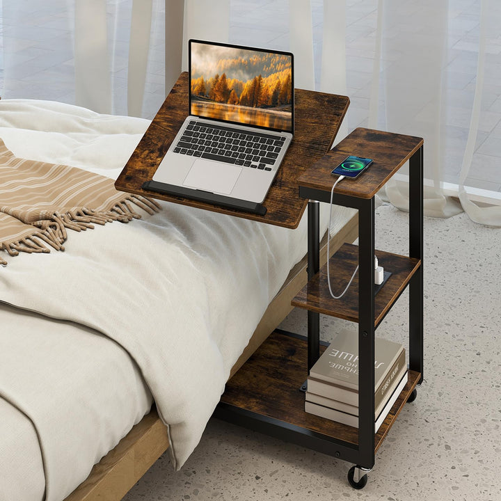 Giantex C Shaped End Table Set 2 w/Charging Station Tiltable Tabletop Wheel