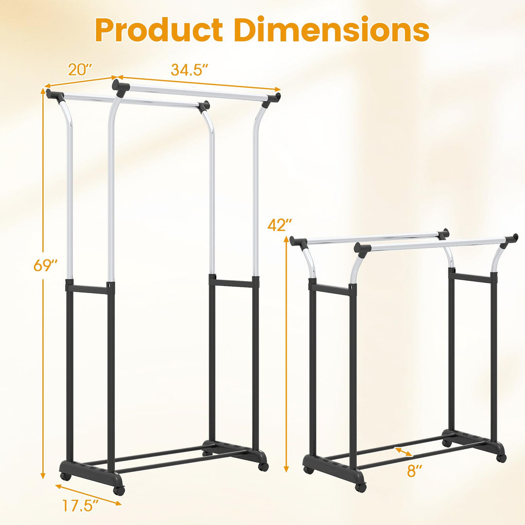 Giantex Double Rod Clothing Rack with Adjustable Height &amp; Wheels