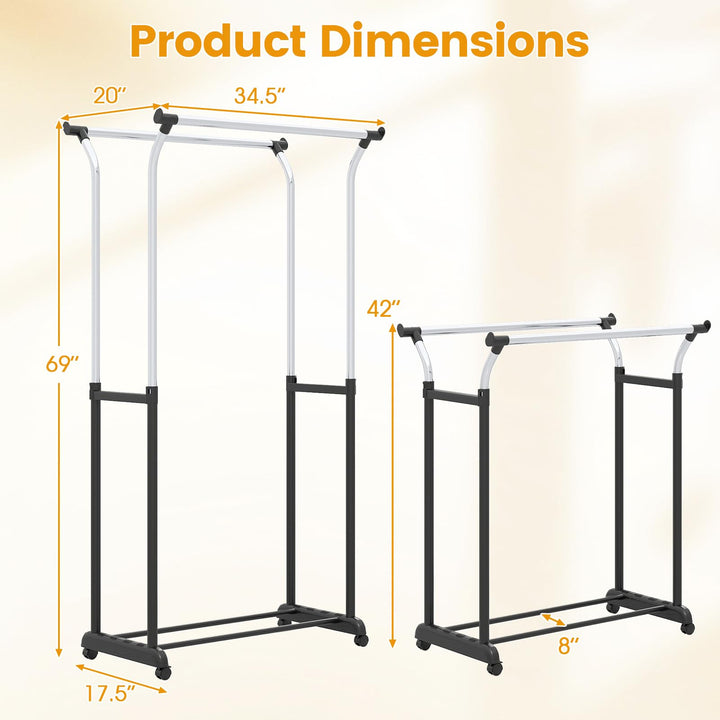 Giantex Double Rod Clothing Rack with Adjustable Height &amp; Wheels
