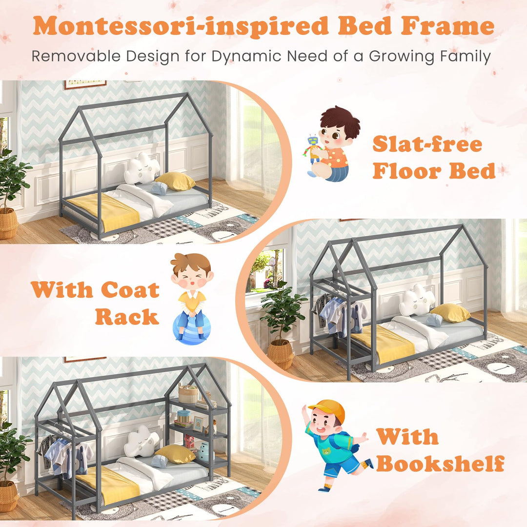 Giantex Twin Floor Bed, Wood Montessori Floor Bed with Detachable 3 Tier Storage Bookshelf &amp; Clothes Rack