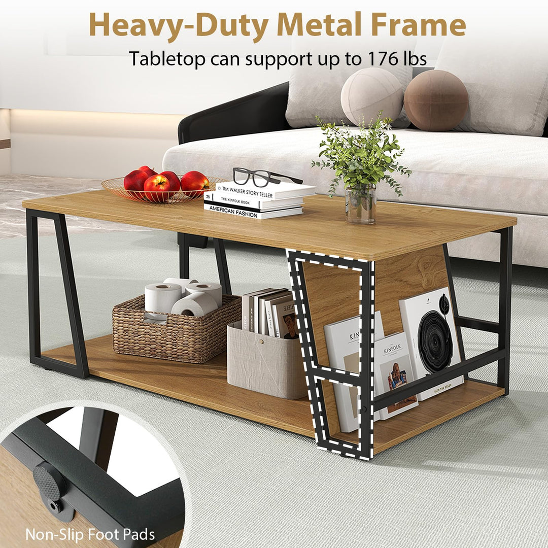 Giantex Rectangle Coffee Table 2-tier Industrial Accent Table with Storage Shelf and Compartment