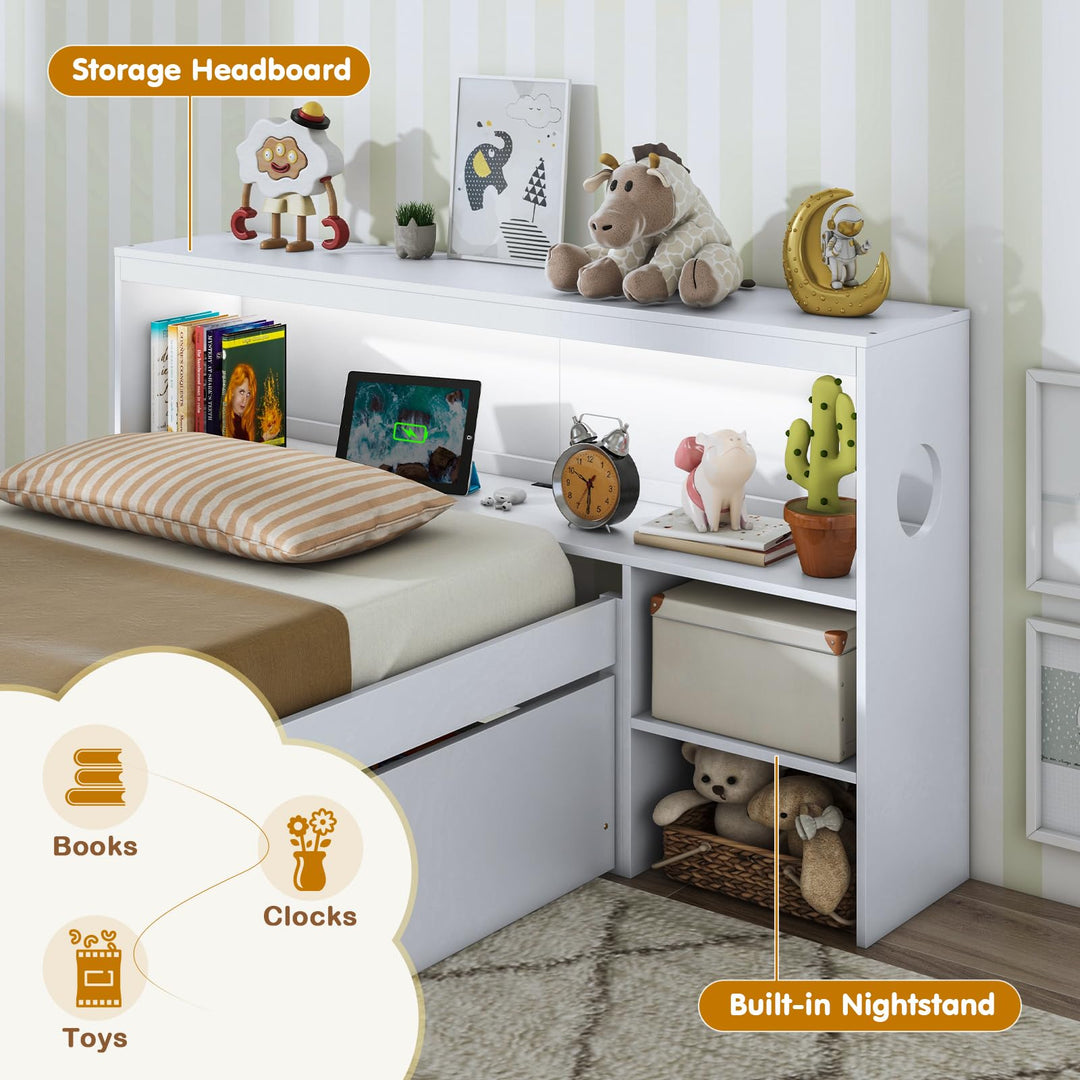 Giantex Wood Twin Bed Frame with Storage Drawer &amp; Headboard, Modern Platform Bed with Charging Station &amp; LED Light