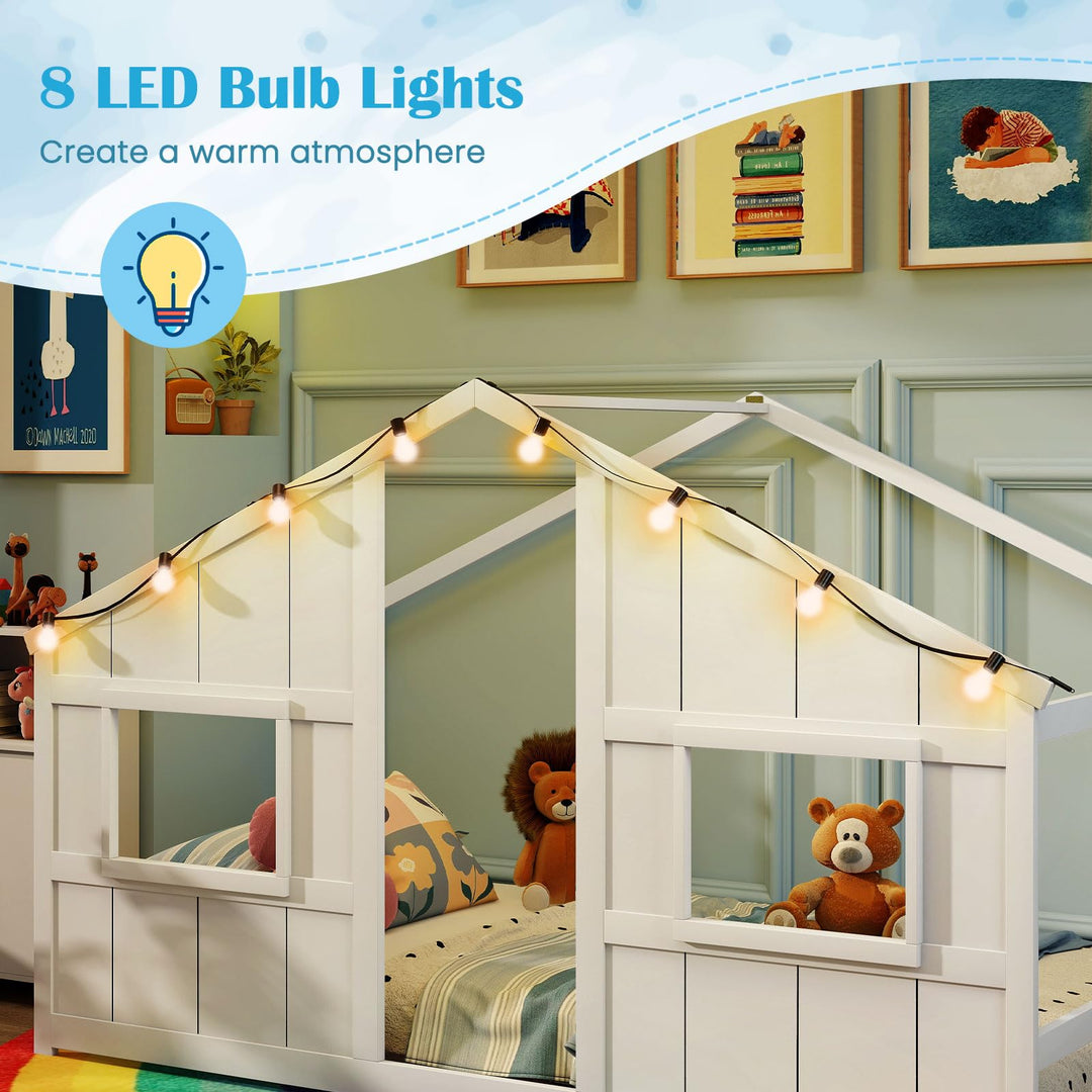 Giantex Twin Kids House Bed with Light Bulbs Wooden Montessori Floor Bed Frame with Roof &amp; Windows