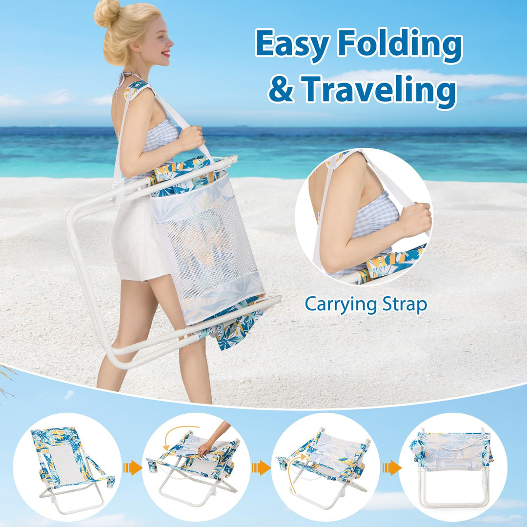 Giantex 2-Pack Low Lawn Chairs with Padded Head Pillow Mesh Back Cup Holder