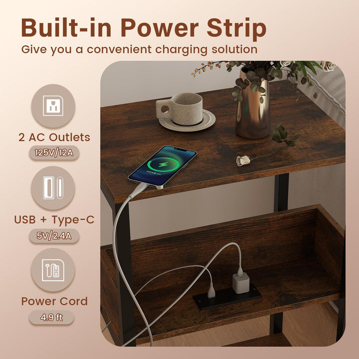 Giantex Side Table with Charging Station - Industrial 3-Tier Bedside Table w/Open Storage Shelves