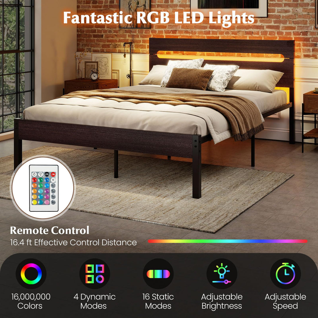 Giantex Full Size LED Bed Frame with Charging Station Rustic Metal Platform Bed