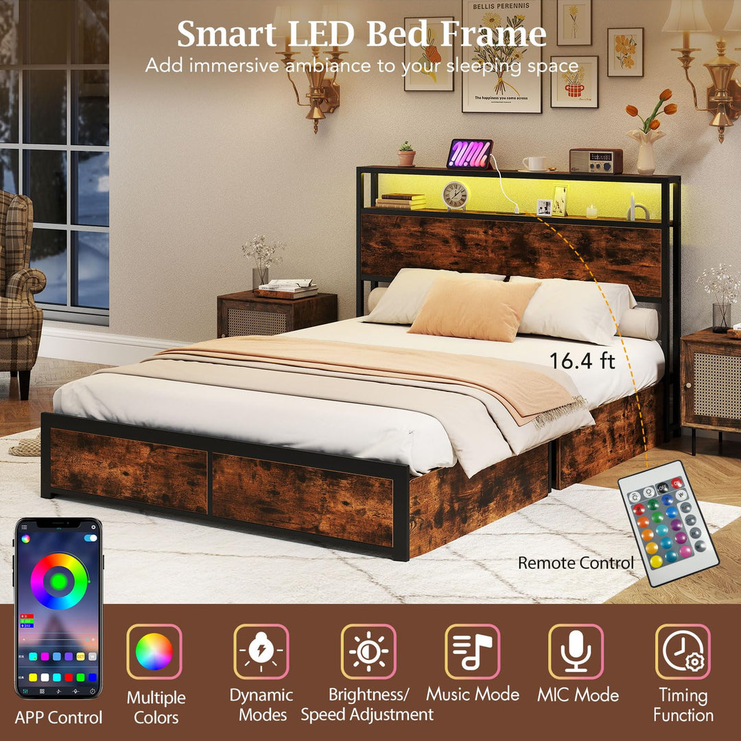 Giantex Queen/Full Size LED Bed Frame with Charging Station &amp; 4 Storage Drawers
